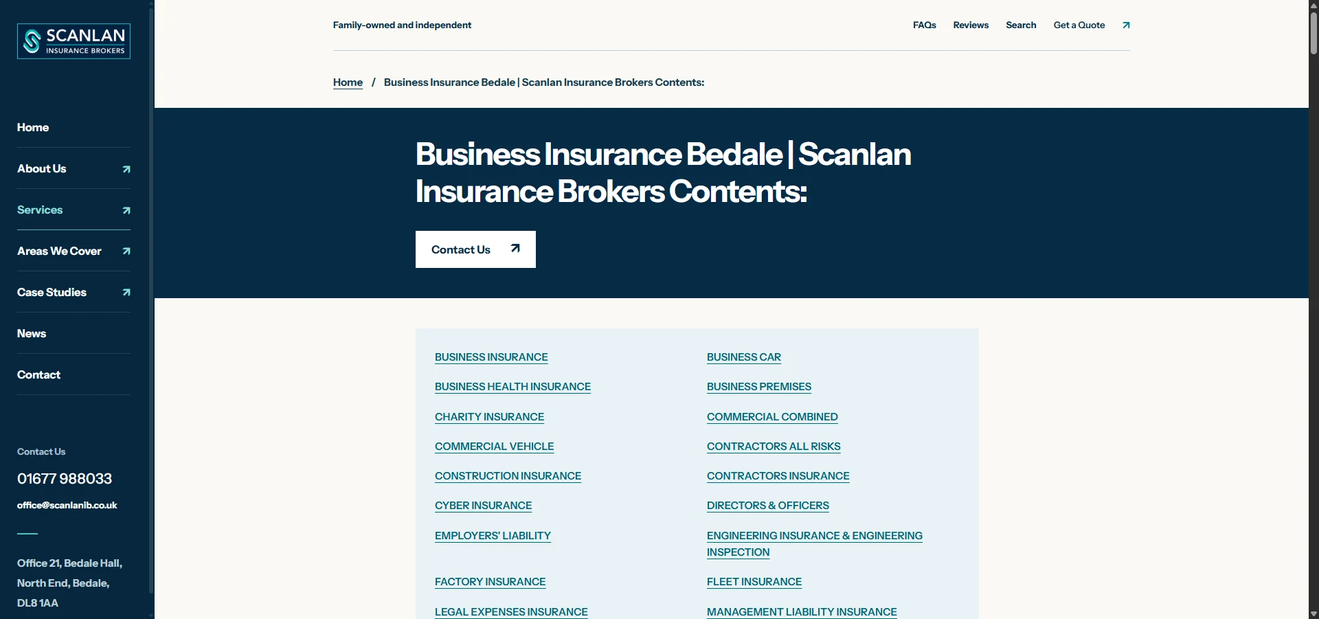 Scanlan Insurance Brokers business insurance page with organised service links and consistent navigation